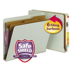 End Tab Pressboard Classification Folders, Expands 2", 2 Dividers, 6 SafeSHIELD Fasteners, Letter Size, Gray-Green, 10/Box