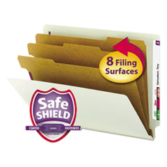 End Tab Pressboard Classification Folders, Expands 3", 3 Dividers, 8 SafeSHIELD Fasteners, Letter Size, Gray-Green, 10/Box