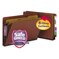 End Tab Pressboard Classification Folders, Expands 2", 2 Dividers, 6 SafeSHIELD Fasteners, Legal Size, Red, 10/Box