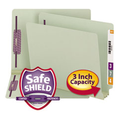 End Tab Pressboard Classification Folders, Straight Tab, Expands 3", 2 SafeSHIELD Fasteners, Letter Size, Gray-Green, 25/Box