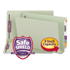 End Tab Pressboard Classification Folders, Straight Tab, Expands 3", 2 SafeSHIELD Fasteners, Legal Size, Gray-Green, 25/Box