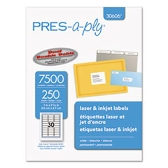 Labels, Laser Printers, 1 x 2.63, White, 30/Sheet, 250 Sheets/Box