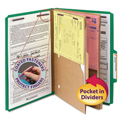 Pressboard Top Tab Pocket Classification Folders, Expands 2", 2 Dividers, 6 SafeSHIELD Fasteners, Legal Size, Green, 10/Box