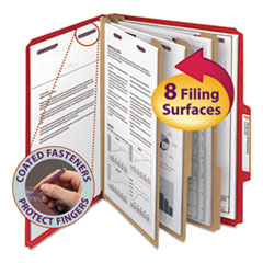 Pressboard Top Tab Classification Folders, Expands 3", 3 Dividers, 8 SafeSHIELD Fasteners, Letter Size, Bright Red, 10/Box