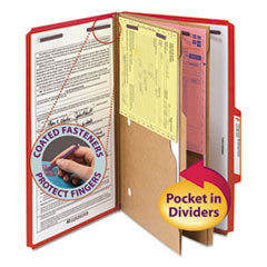 Pressboard Top Tab Pocket Classification Folder, Expand 2", 2 Dividers, 6 SafeSHIELD Fasteners, Legal Size, Bright Red, 10/BX