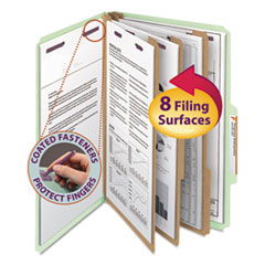 Pressboard Classification Folders, 2/5 Tab, Expands 3", 3 Dividers, 8 SafeSHIELD Fasteners, Legal Size, Gray-Green, 10/Box