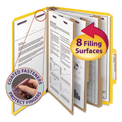 Pressboard Top Tab Classification Folder, 2/5 Tab, Expands 3", 3 Dividers, 8 SafeSHIELD Fasteners, Letter Size, Yellow, 10/BX