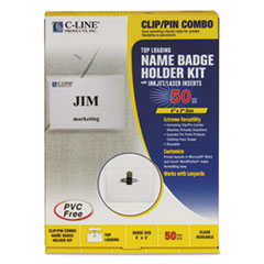 Name Badge Kits, Top Load, 4 x 3, Clear, Combo Clip/Pin, 50/Box