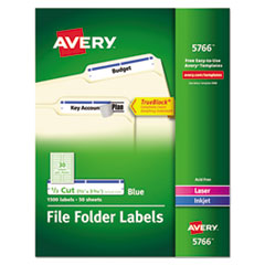 Permanent TrueBlock File Folder Labels with Sure Feed Technology, 0.66 x 3.44, Blue/White, 30/Sheet, 50 Sheets/Box