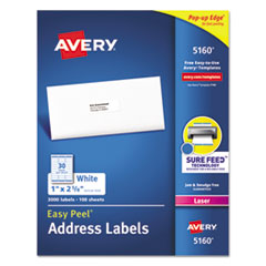 Easy Peel White Address Labels w/Sure Feed Technology, Laser Printers, 1 x 2.63, White, 30/Sheet, 100 Sheets/Box