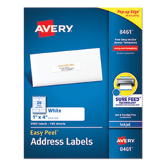 Easy Peel White Address Labels w/ Sure Feed Technology, Inkjet Printers, 1 x 4, White, 20/Sheet, 100 Sheets/Box