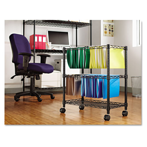 Picture of Two-Tier File Cart for Front-to-Back + Side-to-Side Filing, Metal, 1 Shelf, 3 Bins, 26" x 14" x 29.5", Black