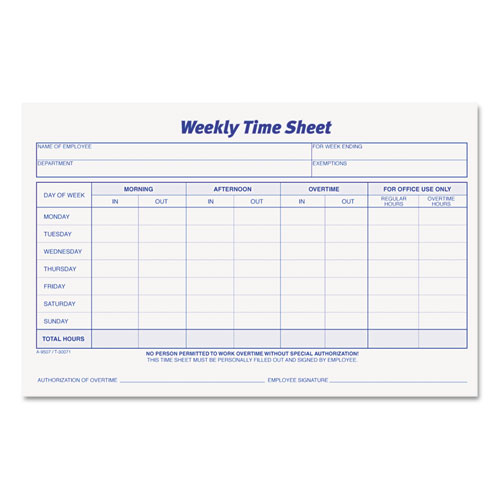 Picture of Weekly Time Sheets, One-Part (No Copies), 8.5 x 5.5, 50 Forms/Pad, 2 Pads/Pack