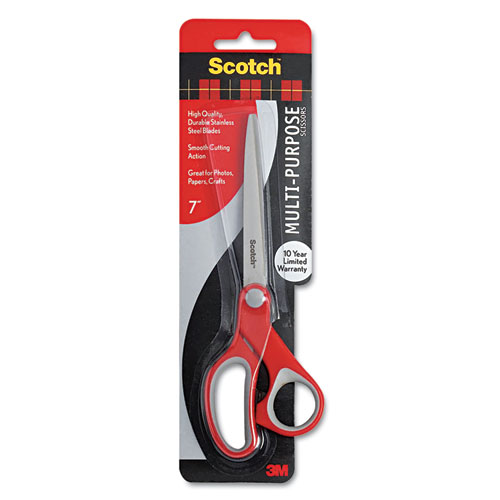 Picture of Multi-Purpose Scissors, Pointed Tip, 7" Long, 3.38" Cut Length, Gray/Red Straight Handle