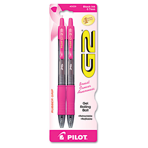 Picture of G2 Premium Breast Cancer Awareness Gel Pen, Retractable, Fine 0.7 mm, Black Ink, Smoke/Pink Barrel, 2/Pack