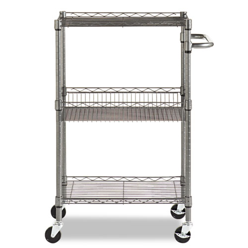 Picture of Three-Tier Wire Cart with Basket, Metal, 2 Shelves, 1 Bin, 500 lb Capacity, 28" x 16" x 39", Black Anthracite