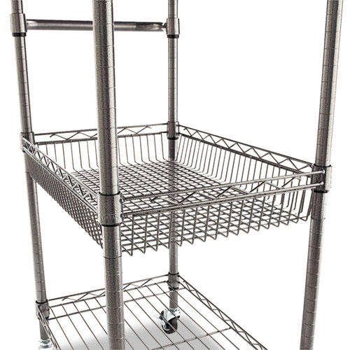 Picture of Three-Tier Wire Cart with Basket, Metal, 2 Shelves, 1 Bin, 500 lb Capacity, 28" x 16" x 39", Black Anthracite