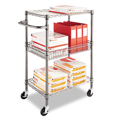 Picture of Three-Tier Wire Cart with Basket, Metal, 2 Shelves, 1 Bin, 500 lb Capacity, 28" x 16" x 39", Black Anthracite