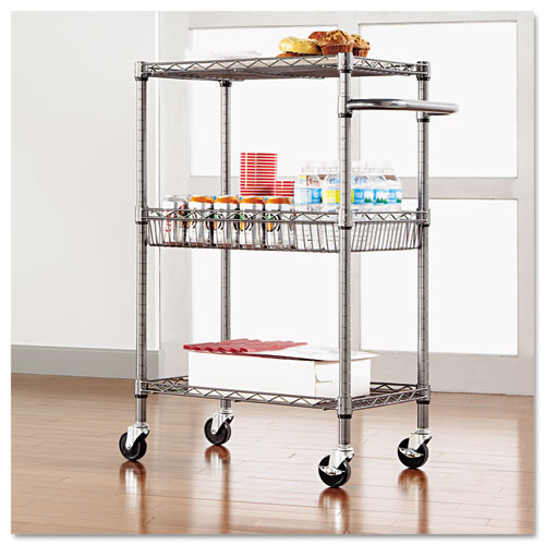 Picture of Three-Tier Wire Cart with Basket, Metal, 2 Shelves, 1 Bin, 500 lb Capacity, 28" x 16" x 39", Black Anthracite