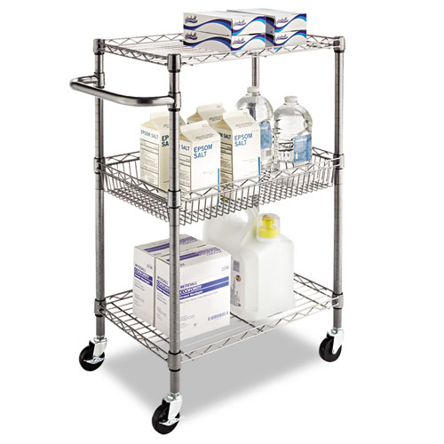 Picture of Three-Tier Wire Cart with Basket, Metal, 2 Shelves, 1 Bin, 500 lb Capacity, 28" x 16" x 39", Black Anthracite