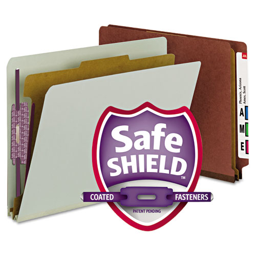 Picture of End Tab Pressboard Classification Folders, Four SafeSHIELD Fasteners, 2" Expansion, 1 Divider, Letter Size, Red, 10/Box