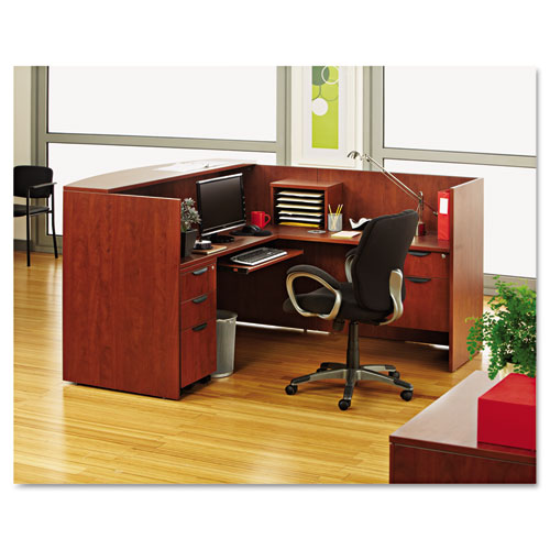 Picture of Alera Valencia Series Reception Desk with Transaction Counter, 71" x 35.5" x 29.5" to 42.5", Medium Cherry