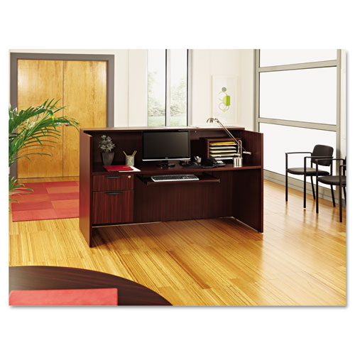 Picture of Alera Valencia Series Reception Desk with Transaction Counter, 71" x 35.5" x 29.5" to 42.5", Mahogany