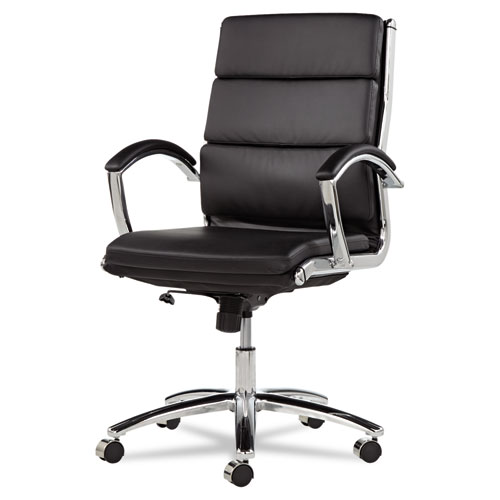 Picture of Alera Neratoli Mid-Back Slim Profile Chair, Faux Leather, Supports Up to 275 lb, Black Seat/Back, Chrome Base