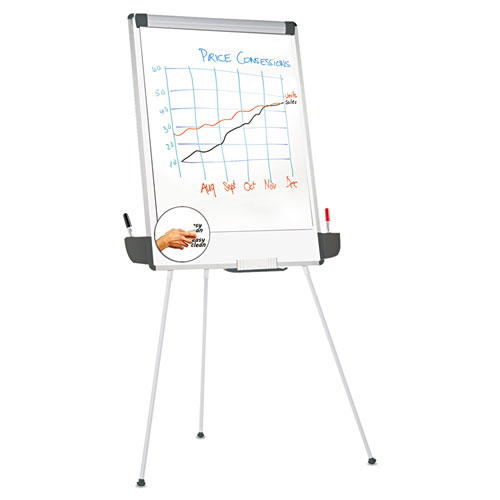 Picture of Dry Erase Board with Tripod Easel and Adjustable Pen Cups, 29 x 41, White Surface, Silver Frame