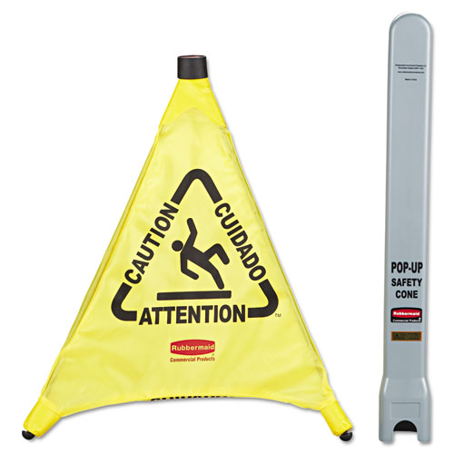 Picture of Multilingual Pop-Up Safety Cone, 3-Sided, Fabric, 21 x 21 x 20, Yellow