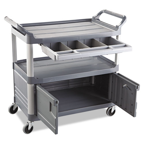 Picture of Xtra Instrument Cart with Locking Storage Area, Plastic, 3 Shelves, 300 lb Capacity, 20" x 40.63" x 37.8", Gray
