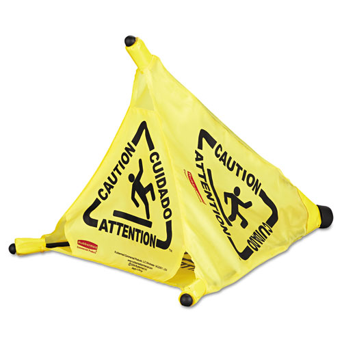 Picture of Multilingual Pop-Up Safety Cone, 3-Sided, Fabric, 21 x 21 x 20, Yellow