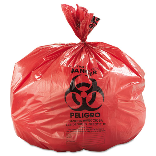 Picture of Low-Density Commercial Can Liners, Infectious Waste Biohazard, 45 gal, 1.3 mil, 40" x 46", Red, Interleaved, 20/RL, 5 RL/CT