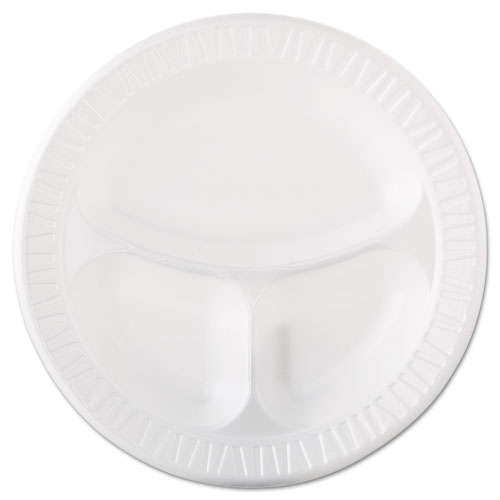 Picture of Quiet Class Laminated Foam Dinnerware, Plates, 3-Compartment, 10.25" dia, White, 125/Pack, 4 Packs/Carton