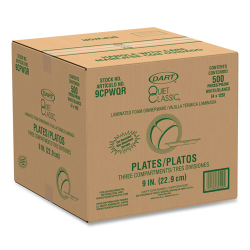 Picture of Quiet Classic Laminated Foam Plates, 3-Compartment Plate, 9" dia, White, 125/Pack, 4 Packs/Carton