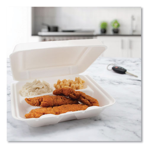 Picture of Foam Hinged Lid Containers, 3-Compartment, 7.5 x 8 x 2.3, White, 200/Carton