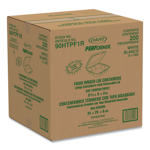 Picture of Foam Hinged Lid Container, Performer Perforated Lid, 9 x 9.4 x 3, White, 100/Bag, 2 Bag/Carton