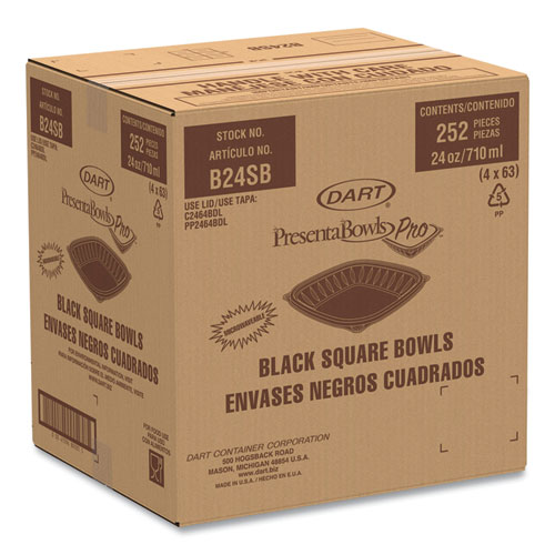 Picture of PresentaBowls Pro Black Square Bowls, 24 oz, 8.5 x 8.5 x 1.8, Plastic, 63/Bag, 4 Bags/Carton