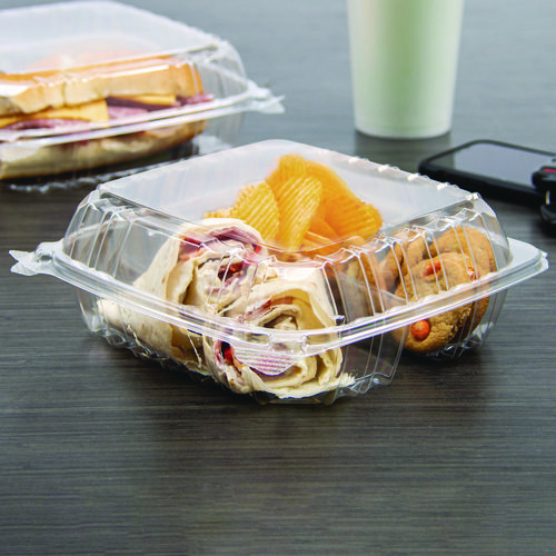 Picture of ClearSeal Hinged-Lid Plastic Containers, 8.25 x 8.25 x 3, Clear, Plastic, 125/Pack, 2 Packs/Carton