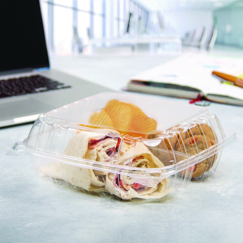 Picture of ClearSeal Hinged-Lid Plastic Containers, 8.25 x 8.25 x 3, Clear, Plastic, 125/Pack, 2 Packs/Carton