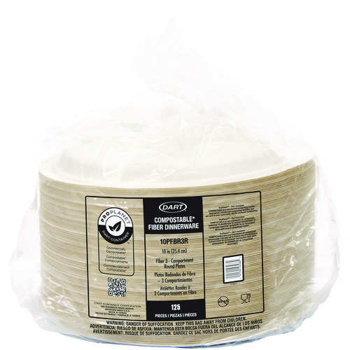 Picture of Compostable Fiber Dinnerware, ProPlanet Seal, 3-Compartment Plate, 10" Diameter, Ivory, 500/Carton