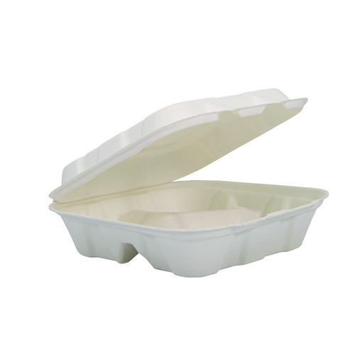 Picture of Compostable Fiber Hinged Trays, ProPlanet Seal, 3-Compartment, 8.03 x 8.4 x 1.93, Ivory, Molded Fiber, 200/Carton