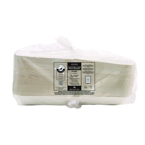 Picture of Compostable Fiber Hinged Trays, ProPlanet Seal, 8.98 x 9.35 x 2.17, Ivory, Molded Fiber, 200/Carton