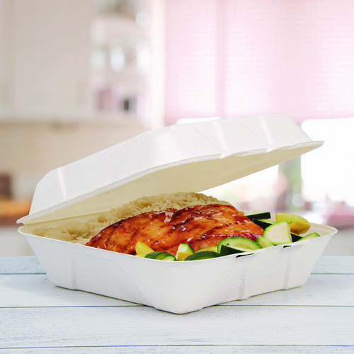 Picture of Compostable Fiber Hinged Trays, ProPlanet Seal, 8.98 x 9.35 x 2.17, Ivory, Molded Fiber, 200/Carton