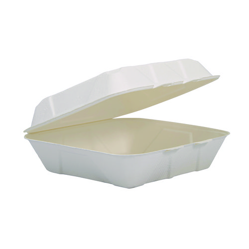 Picture of Compostable Fiber Hinged Trays, ProPlanet Seal, 8.98 x 9.35 x 2.17, Ivory, Molded Fiber, 200/Carton