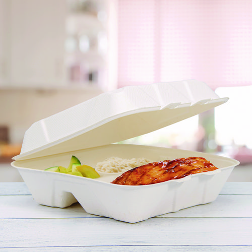 Picture of Compostable Fiber Hinged Trays, ProPlanet Seal, 3-Compartment, 9.25 x 9.45 x 2.17, Ivory, Molded Fiber, 200/Carton