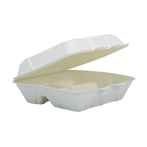 Picture of Compostable Fiber Hinged Trays, ProPlanet Seal, 3-Compartment, 9.25 x 9.45 x 2.17, Ivory, Molded Fiber, 200/Carton