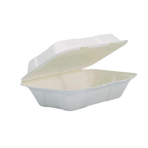 Picture of Compostable Fiber Hinged Containers, ProPlanet Seal, 6.34 x 9.06 x 1.97, Ivory, Molded Fiber, 200/Carton