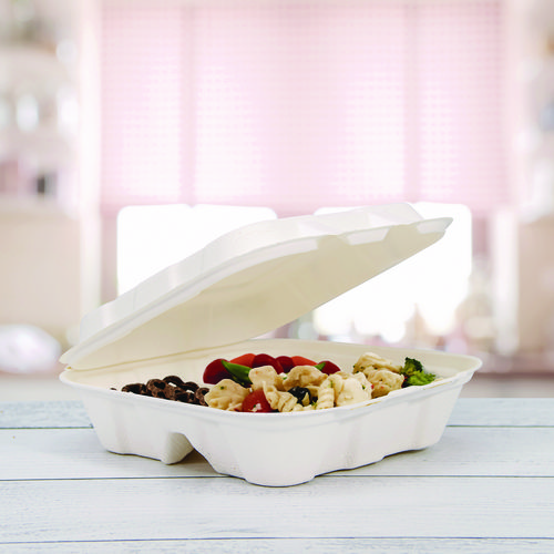 Picture of Compostable Fiber Hinged Trays, ProPlanet Seal, 3-Compartment, 8.03 x 8.4 x 1.93, Ivory, Molded Fiber, 200/Carton