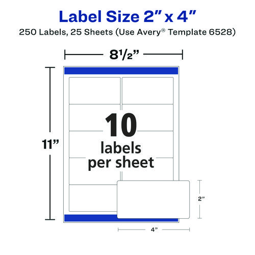 Picture of Glossy White Easy Peel Mailing Labels w/ Sure Feed Technology, Laser Printers, 2 x 4, White, 10/Sheet, 25 Sheets/Pack